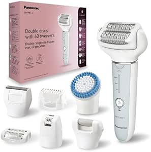 Panasonic ES-EY90-A503 Wet/Dry Epilator, Dual Disc with 60 Tweezers, 90° Swivel Head, 3 Speeds & LED Light, 30 Minutes Operation, Wireless, Hair Remover, Scissors and Foot Care Head