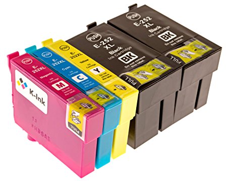 Epson 252 252XL Ink High Yield Replacement Cartridges by K-Ink (5 Pack - 2 Black, 1 Cyan, 1 Magenta, 1 Yellow)