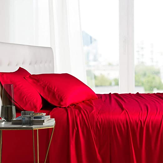 Royal Tradition Exquisitely Lavish Body Temperature-Regulated Bedding, 100% Viscose from Bamboo, 300 Thread Count, 4 Piece Olympic Queen Size Deep Pocket Silky Soft Sheet Set, Red
