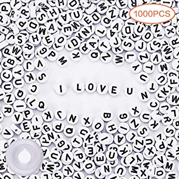 Quefe 1000pcs 4x7mm Acrylic White Round Circle Letter Beads Alphabet Beads with Elastic Crystal String Cord for Jewelry Making DIY Necklace Bracelet