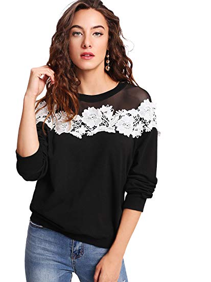 DIDK Women's Mesh Yoke Lace Applique Pullover Sweatshirt