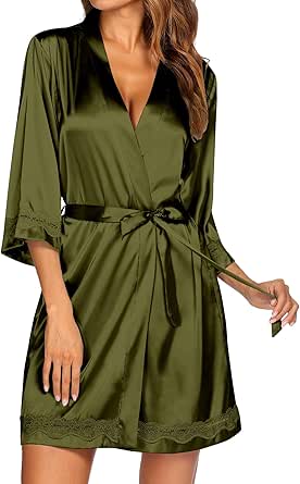 Ekouaer Women's Lace-Trim Silk Robes Bride Bridesmaid Kimono Satin Bathrobe V Neck Sleepwear with 3/4 Sleeve