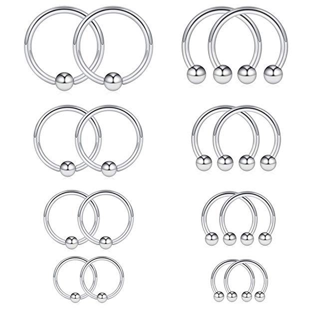 Ruifan 8PRS(16PCS) 14G Surgical Steel Horseshoe & Captive Bead Nose Hoop Septum Earring Eyebrow Tongue Lip Nipple Helix Tragus Piercing Rings 6-12mm