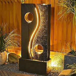 Water Fountain Outdoor Indoor - Garden Waterfall Modern Large Freestanding Water Feature Fountains Faux Rust Finish with LED Lights for Patio Yard Pool Home Decor, 47 inches