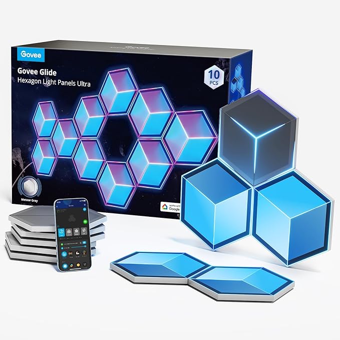 Govee Glide Hexagon Light Panels Ultra, 3D Wall Lights with DIY Program, RGBIC LED Gaming Lights for Wall, LED Lights for Gaming Setup with 129 Lamp Beads, Works with Alexa, 10 Pack, Meteor Gray