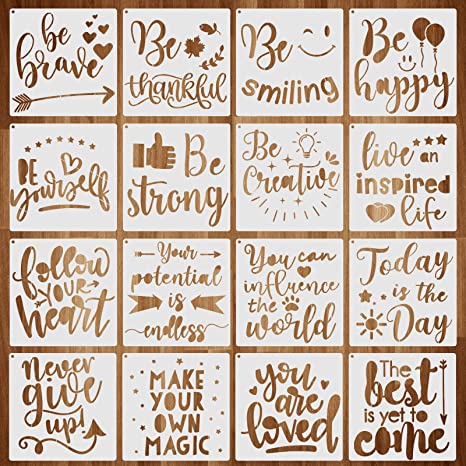 16 Pieces Inspirational Word Stencil Kit Motivational Stencils Inspirational Word Reusable Mylar Template Stencils with Open Ring for Painting on Wood Wall Home Decor