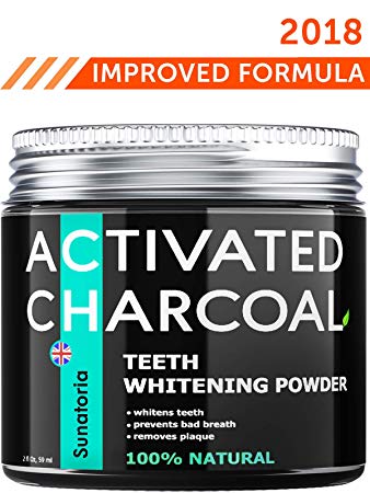 Activated Charcoal Teeth Whitening Powder - Product of UK by Sunatoria – Natural Coconut Teeth Whitener – Effective Remover Tooth Stains for a Natural Healthier Whiter Smile – Improved 2018 Formula