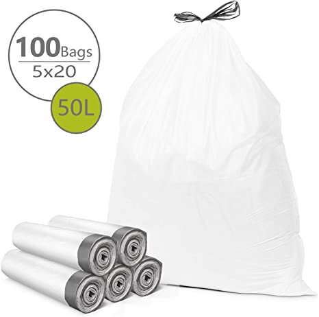 Homever Bin Liners, Food Kitchen Waste Bags 50 Liters 20-Pack/Roll, White (5-roll)