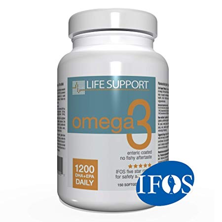 Life Support Omega 3: Enteric Coated. High Absorption. No Fishy Aftertaste. High EPA and DHA Omega 3 Essential Fatty Acids Support Heart, Brain, Joints and Immune System. Easy To Swallow (150 Count)