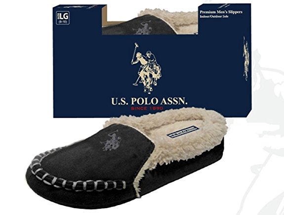 U.S. Polo Assn. Men's Premium Slippers Moccasin Indoor Outdoor Sole Faux Shearling Sheepskin - Boxed and Holiday Gift Ready