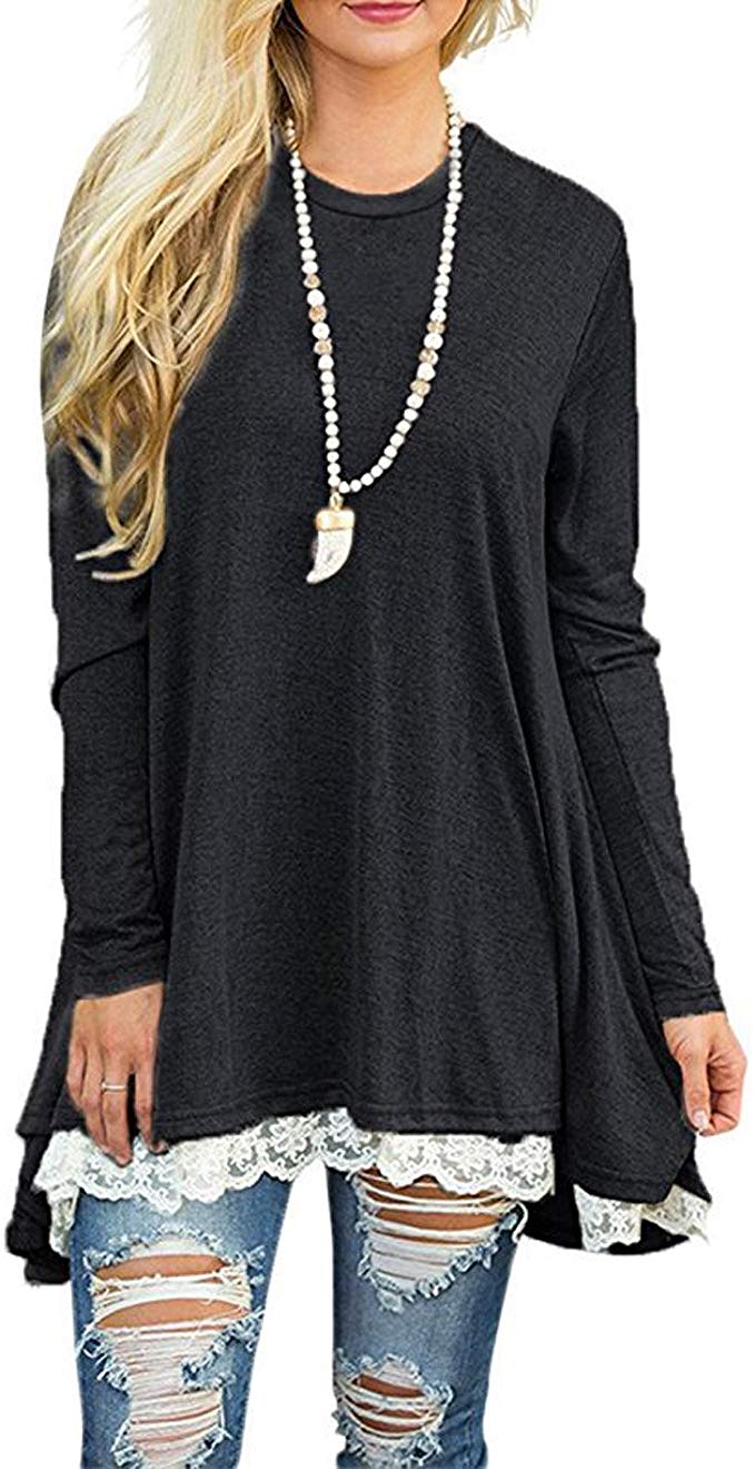 Women's Lace Tunic Top Sweatshirt Long Sleeve Blouse A-Line Flowy T-Shirt Dress