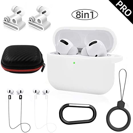 Airpods Pro Case Cover, TOLUOHU Airpods Pro Accessories 8 in 1 kit, Silicone Cover for Apple Airpod Gen3 with Ring/Watch Band Airpods Pro Holder/Keychain/Carrying Box(White)