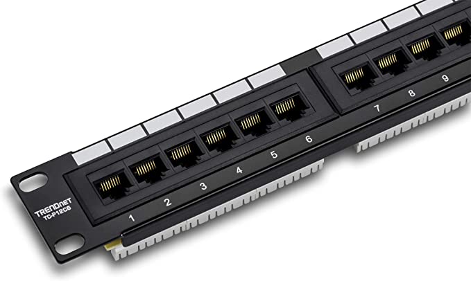 TRENDnet 12-Port Cat6 Unshielded Patch Panel, TC-P12C6, 10 Inch Wide, 12 x Gigabit RJ-45 Ethernet Ports, Metal Housing, 250MHz Connection, Color-coded labeling for T568A & T568B Wiring, Port Labels