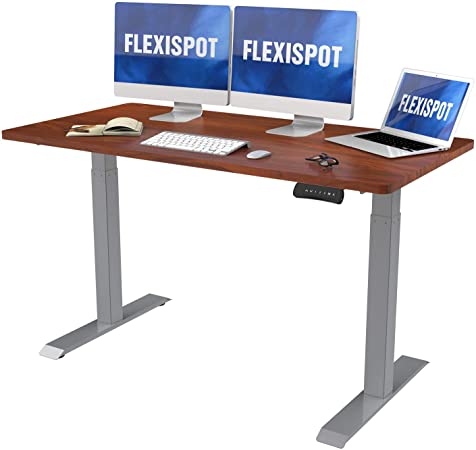 FlexiSpot Dual Motor Electric Standing Desk 55x28 Inches Seamless Solid Slab Stand Up Desk Sturdy Adjustable Desk Home Office Desk Computer Workstation, Mohagany Desktop, Sliver Frame