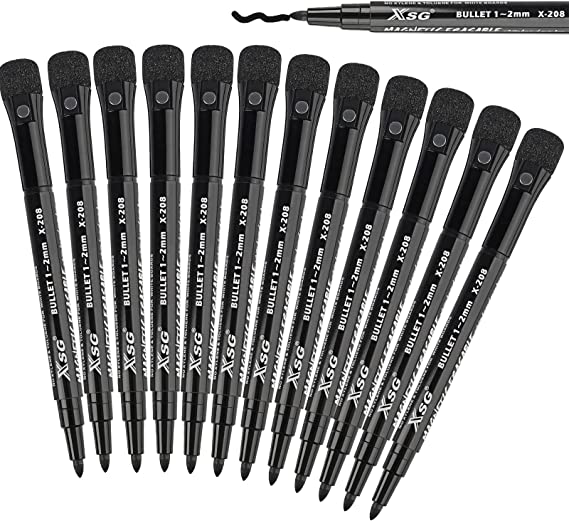 XSG Black Magnetic Dry Erase Marker, Whiteboard Erasable Pens with Fine Tip, Low-Odor Non-Toxic Fine Point for Classroom, Home and Office, 12 Pack.