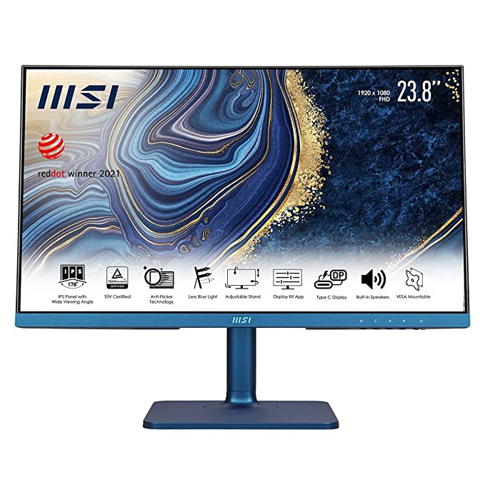 MSI Modern MD241P Ultramarine 24 Inch Monitor - Full HD (1920 x 1080) Pixels, 75Hz, IPS, 5ms, HDMI, Type-C, Adjustable Stand, Speakers, Anti-Glare/-Flicker, Less Blue Light, TÜV Certified, VESA Mount