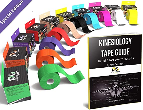 Physix Gear Sport Kinesiology Athletic Tape - Sports Injury Tape for Knee, Joint, Muscle Support - Adhesive Kinetic Tape/KT Tape - Improve Blood Circulation, Swelling, Pain Relief