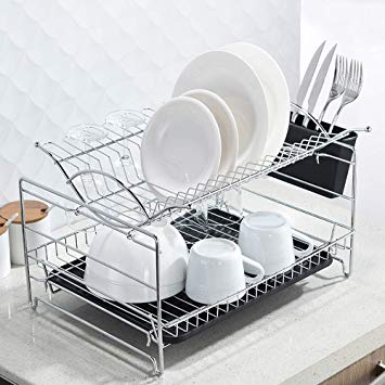CASILVON Plated Steel Draining 2 Tier Kitchen Chrome Dish Drying Rack, Dish Rack with Black Drainboard and Cutlery Cup Utensil Organizer Holder 17 x 13 x 11 inch