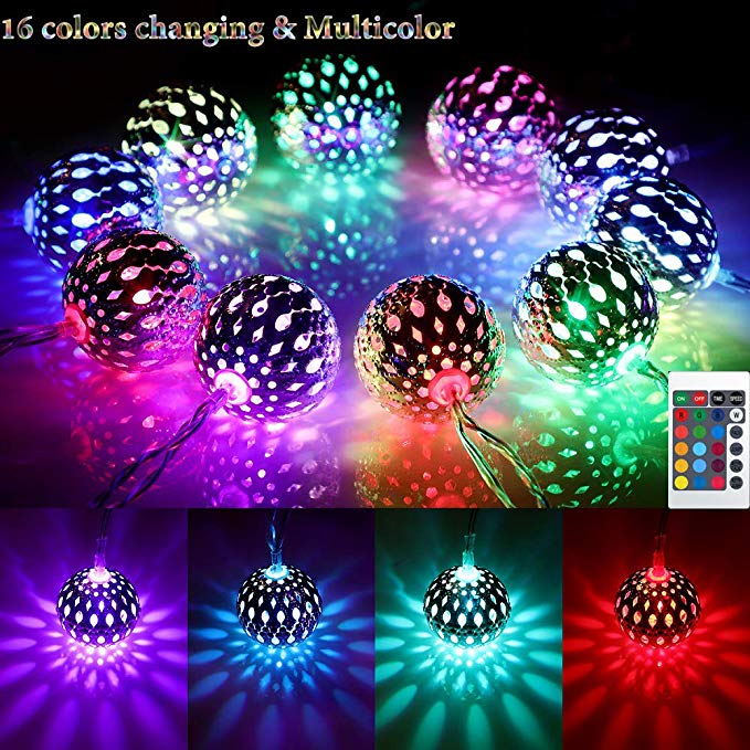 16 Colors Changing Globe String Lights USB Plug, 13ft 40 Silver Metal Balls LED Fairy Lights with Remote Timer Moroccan Orb Decorative Lights for Bedroom Outdoor Party Wedding Christmas Boho Decor