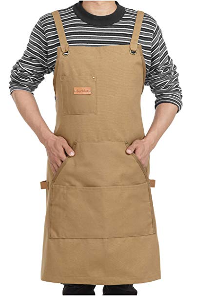 Surblue Adjustable Grill Men Aprons Unisex Black Adult Tool Apron with 4 Pockets Back Cross