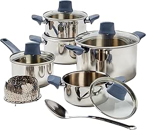 T-fal Essentials Stainless Steel Cookware Set 12 Piece, Induction Compatible, Oven Safe 350F, Cooking Set w/Stewpots, Stockpot, Saucepan, Lids & Tools, Measuring Marks, Dishwasher Safe, Silver/Blue