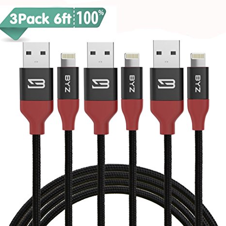 BYZ iPhone Charger Lightning Cable 6ft/1.8m [3 packs] Nylon Braided USB cable Sync & Charging Cord for iPhone 8 8Plus 7Plus 7 6S Plus 6 Plus SE 5S 5C 5, iPad 2 3 4 Mini, iPad Pro Air, iPod -Black&Red