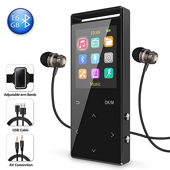 16GB Bluetooth MP3 Player with FM Radio/Voice Recorder, 60 Hours Playback, Lossless Sound,Metal Touch button, 1.8 Inch Color Screen, HD Sound Quality Earphone, with an Armband, Black and Bluetooth
