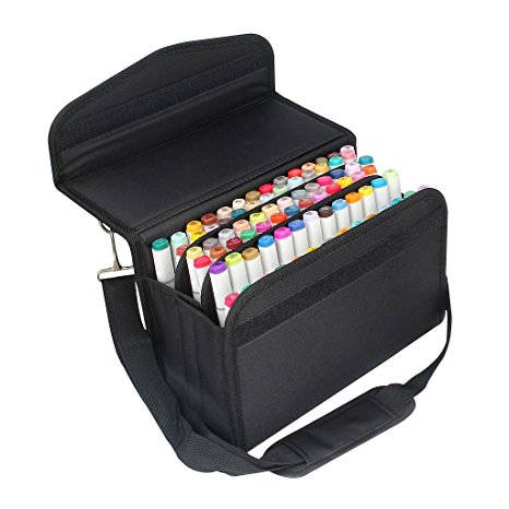 Caliart 80 Marker Carrying Case Lipstick Case 80 Marker Holder Bag Organization with Carrying Handle and Baldric for Prismacolor Marker and Copic Marker (Black)