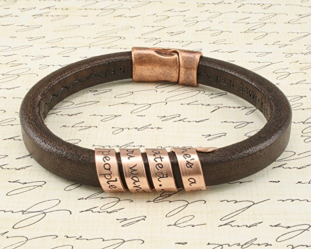 Men's COPPER SPIRAL Secret Message bracelet - CUSTOM MESSAGE - On Brown Leather - Hand Stamped Leather Bracelet.