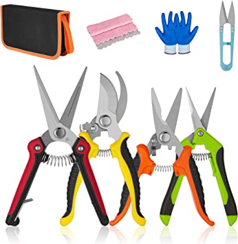Pruning Shears,Garden Shears,5Pcs Garden Pruning Trimming Scissors,Plant Floral Flower Shears Scissors with Sharp and Durable Blades, Comfortable Handle,Safety Lock,Storage Bag,Wipe Rag,Gloves