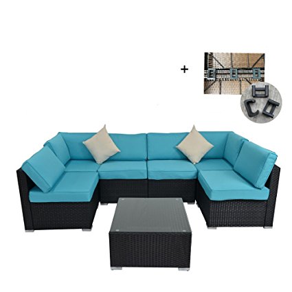 Outdoor Black Rattan Wicker Sofa Set Garden Patio Furniture Cushioned Sectional Conversation Sets-Easy Assembled(Turquoise Cushions,7 Piece)