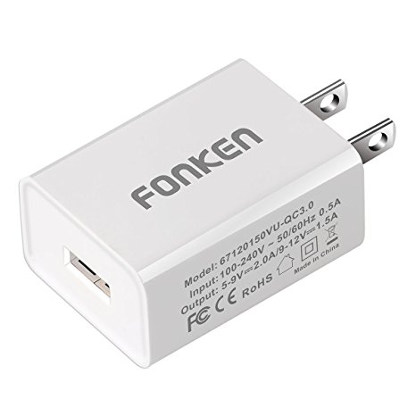 Fonken Quick Charge 3.0 (Quick Charge 2.0 Compatible) 18W USB Wall Charger Adapter with Smart IC (White)