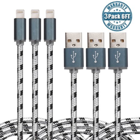 ZYD® 3 Pack Certified Nylon Braided 8 Pin Lightning to USB Cable (6 Feet / 2 Meters)