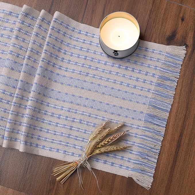 Boho Farmhouse Table Runner 72 Inch Long for Dining Table, Wedding, Dresser Decor - Natural Cotton Tassle Rustic Table Decoration - Ivory / Blue