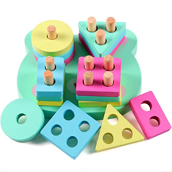 Lewo Toddler Toys Wooden Puzzles Stacking Toy Shapes Sorter Preschool Shape Color Recognition Educational Toys for Kids 2 3 4 5 Years Old