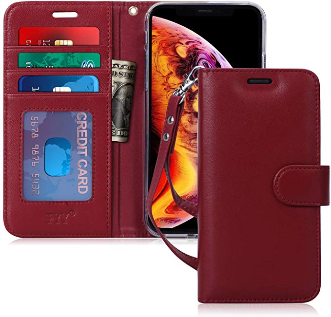 Fyy iPhone XR Case, iPhone XR Wallet Case, Handmade Genuine Leather Flip Wallet Phone Case Stand Cover Credit Card Protector for Apple iPhone XR 6.1" (2018) Wine Red