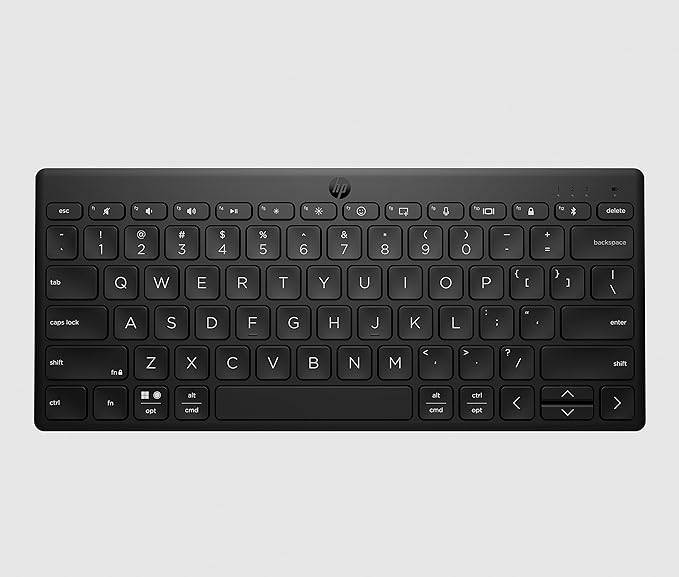 HP 350 Compact Bluetooth Keyboard. Connect up to 3 devices via Bluetooth 5.2, Multi-OS, with SMART shortcuts, dictation and emoji keys, 2 years battery, made from 60% recycled materials, Black