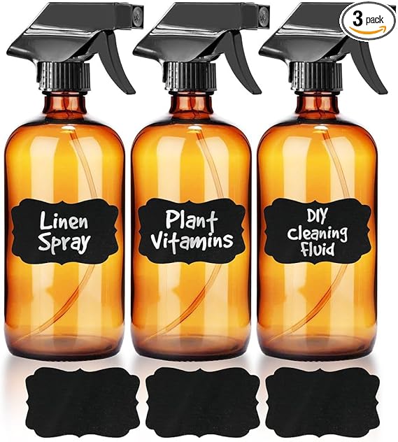 Chef's Star Amber Glass Bottles, Glass Spray Bottles for Cleaning Solutions, Plants, Hair Care, Kitchen, Empty, Reusable Misting Spritzer with 2 Adjustable Spray Settings, 16 Oz, Pack of 3