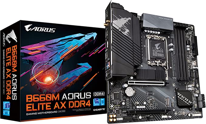 GIGABYTE B660M AORUS Elite AX DDR4 (B660/ Intel/LGA 1700/ Micro-ATX/ DDR4/ Dual M.2/ PCIe 4.0/ USB 3.2 Gen2 Type-C/WiFi 6E/ 2.5GbE LAN/Gaming Motherboard)