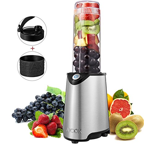 Aicok Personal Blender, Smoothie Maker, Stainless Steel Single Serve Blender, with Travel Lid and Tritan BPA Free Sport Bottle, 300W, Silver