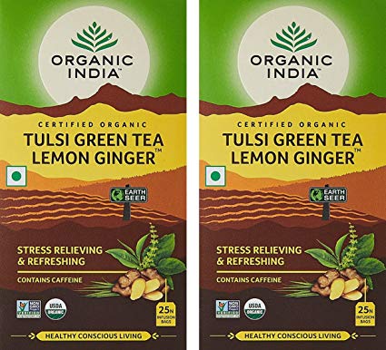 Organic India Lemon Ginger Tulsi Green Tea, 25 Tea Bags - Pack of 2