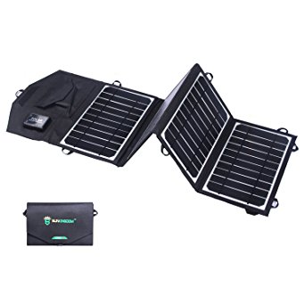 SUNKINGDOM™ 16W 2-Port USB Solar Charger with Portable Foldable Solar Panel PowermaxIQ Technology for iPhone, iPad, iPod, Samsung, Camera, and More (Black)