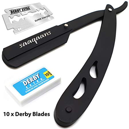 Saaqaans BSR-01 Straight Edge Razor - Professional Barber Manual Folding Beard Razor for Men in Stylish Black Pouch with 10 Derby Extra Double Edge Razors Blades