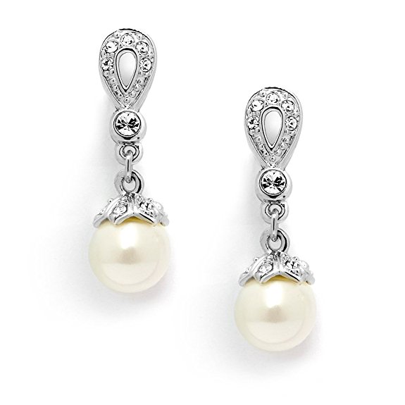 Mariell Vintage CZ and Ivory Pearl Drop Bridal or Wedding Earrings Plated in Genuine Silver Platinum