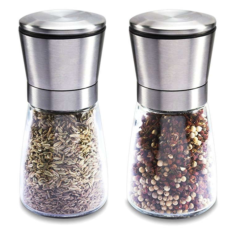 Salt and Pepper Mills,Ceonam, Premium Stainless Steel Salt and Pepper Mill with Glass Body and Adjustable Coarseness Adjustable Ceramic Rotor and Glass Body and Glass Body Shakers- Set of 2