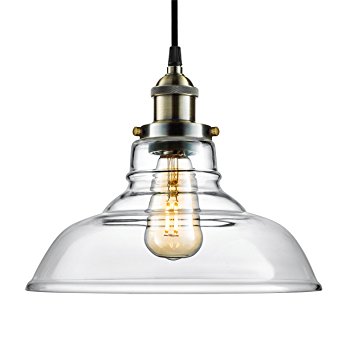 Arvidsson Vintage Hanging Lamp, INDUSTRIAL Pendant Light, CLEAN Clear Glass Shade, 100% Brass Brushed Antique Socket, Pretty Cool Fabric Cord, SIMPLE Dining Room Light, UL Standard, ETL Qualified