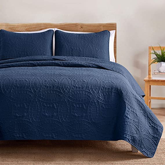VEEYOO Bedspread Quilt Set Full/Queen Size - Soft Microfiber Lightweight Coverlet Quilt Set for All Season, Quilt Set 3 Piece (1 Quilt, 2 Pillow Shams), Blue