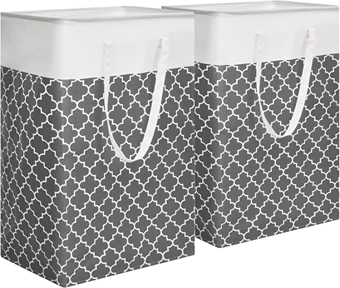 Haundry 24.5" Tall Slim Laundry Hamper Basket with Long Handles, 2Pcs Large Thin Collapsible Waterproof Double Storage Basket bag for Bedroom, Closet, Bathroom, College (Grey Lantern)