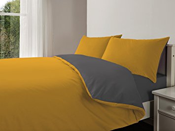 4PCS Complete Reversible Duvet Cover & Fitted Sheet(Mustard/Grey, Superking)