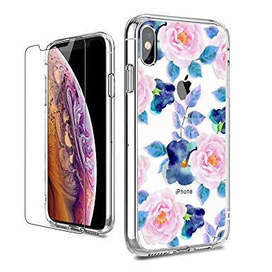 iPhone Xs Case, LUHOURI Clear iPhone X/Xs Case with Glass Screen Protector, Girls Women Floral Heavy Duty Protective Hard PC Back Case with Ultra-Thin Shockproof Slim TPU Bumper iPhone 10 Case 5.8''